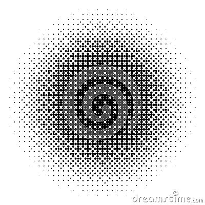 Radial halftone gradient texture. Dotted round pattern background. Abstract 8 bit faded pop art wallpaper. Vanishing Vector Illustration