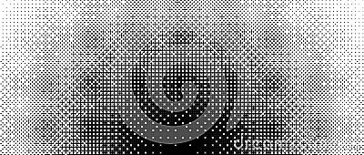 Radial halftone texture. Dotted round gradient pattern background. Abstract 8 bit faded pop art wallpaper. Vanishing Vector Illustration