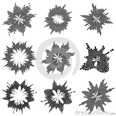 Radial music bars collection. Round musical wave. Abstract sound ripple set. Circular audio effect. Illustration of volume halo or Vector Illustration