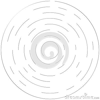 Radial, radiating lines abstract burst element. Concentric whirligig volute, helix spreading stripes. Circular, cyclic strips, Vector Illustration