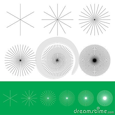 Radial, radiating lines intersected at center. Conflux, converging circular lines design Vector Illustration