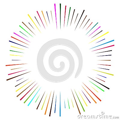 Radial, radiating lines, spokes. Circular rays, beams. Multicolor, colorful burst sparkle. Star burst, sun burst element. Vector Illustration