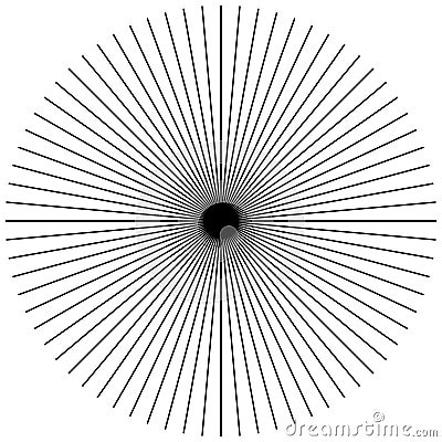 Radial, radiating straight thin lines. Circular black and white Vector Illustration