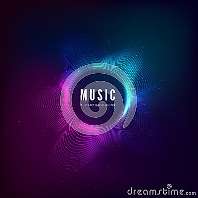 Radial sound wave curve with light particles. Colorful equalizer visualisation. Abstract colorful cover for music poster Vector Illustration