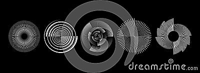 Radial spinning spiral pattern set. Circular speed lines form collection. Rotating circle sound wave concepts. Abstract Vector Illustration