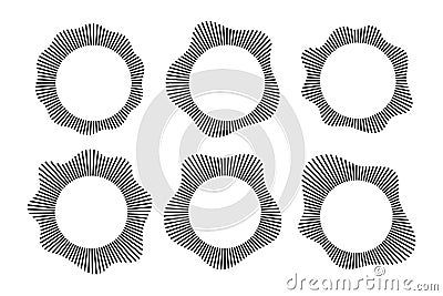 Radial wave sound lines. Circular frame. Sound circle ring. Wavy roun frame. Radial sun rays symbol. Wavy geometric Vector Illustration