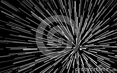 Radial white concentric particles on black background Sun ray or star burst element Zoom effect Rectangle fight stamp for card Vector Illustration