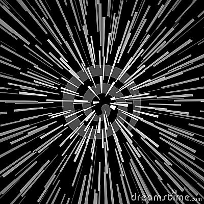 Radial white concentric particles on black background Sun ray or star burst element Zoom effect Square fight stamp for card Space Vector Illustration