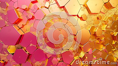 A radiant array of pink and gold hexagons interlock, creating a stunning, luminous pattern Cartoon Illustration
