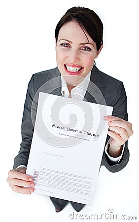 Radiant businesswoman showing a legal document Stock Photo