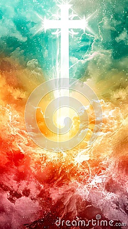 radiant cross illuminating a tumultuous sky with swirling clouds and beams of light, symbolizing hope, faith, and Stock Photo