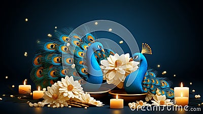 Radiant diya lamps and majestic peacock feathers illustration for thaipusam celebration Cartoon Illustration