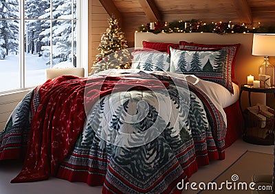 Radiant Glory at the Right Chalet: A bed of red blanket and tree Stock Photo