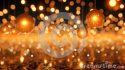Radiant golden balls of the Christmas and New Year banner concept. Generative AI Stock Photo