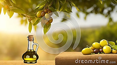 Radiant Golden Olive Oil Bottles Amidst Lush Olive Grove. Stock Photo