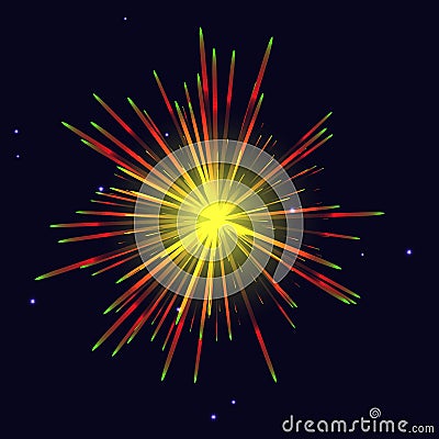 Radiant golden red green fireworks over night sky Vector Illustration