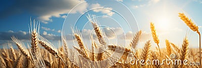 Radiant golden wheat field under summer sun, picturesque farm backdrop with clear blue sky Stock Photo