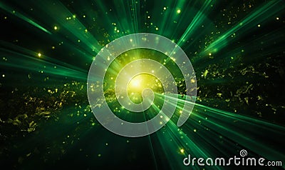 Radiant green light beams radiating from a single luminous point with particles, depicting energy, vitality, or a mystical Stock Photo