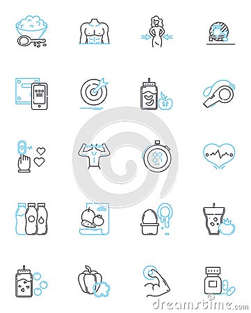 Radiant health linear icons set. Vitality, Fitness, Wellness, Energy, Stamina, Resilience, Strength line vector and Vector Illustration