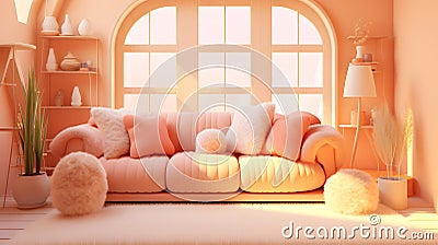Radiant living room corner featuring chic peach fuzz couch with elegant fluffy pillows. Blush-toned plush sofa with soft cushions Stock Photo
