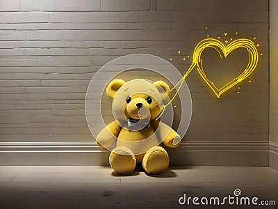 Radiant Love: Yellow Laser Teddy Bear Heart Wall Art Stock Photo