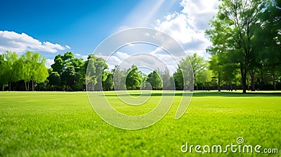 Radiant Manicured Lawn Amidst Lush Trees on Sunny Day, Tranquil Spring Ambiance. Generative Ai Stock Photo