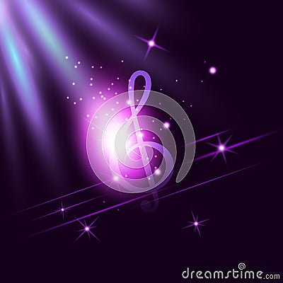 Radiant neon music Treble Clef on dark ultraviolet illuminated background. Disco, jazz, pop, concert, club, song, rhythm Vector Illustration