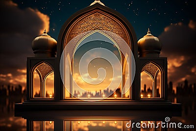 Radiant Ramadan Kareem greetings with Lantern, mosque, and window Stock Photo