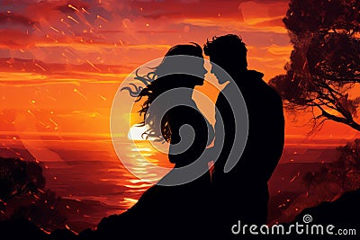Radiant Silhouette of couple at the orange sea sunset sky. Generate ai Stock Photo
