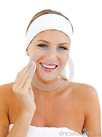 Radiant woman putting make-up Stock Photo