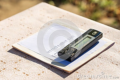 Radiation dose measuring device with selective focus. Editorial news background. October 11, 2022 Balti Moldova Editorial Stock Photo