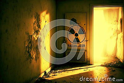 Radiation hazard sign hanging on wall in abandoned living space Stock Photo