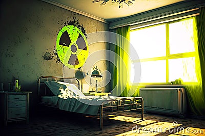 Radiation hazard sign hanging on wall in abandoned living space Stock Photo