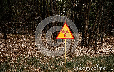 Radiation polution sign background dead forest on Chernobyl, Ukraine. Stock Photo