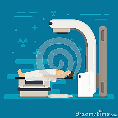 Radiation therapy vector concept. Cancer treatment with radiotherapy. Oncology RT of cancerous tumor. Medical x-ray beam therapy Vector Illustration