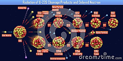 Radiation of U-235 Cleavage Products and Delayed Neutron Cartoon Illustration