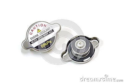 Radiator cap with warning label on white background, isolated, Car maintenance service Stock Photo