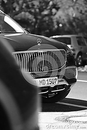 The radiator grille of a black Mercedes Maybach in Duesseldorf Editorial Stock Photo