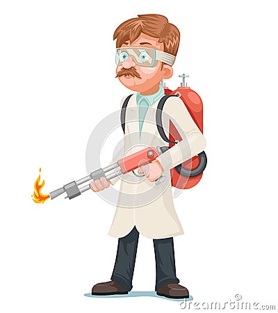 Radical cleaning mad scientist with flamethrower cleansing purification by fire destruction science cartoon character Vector Illustration