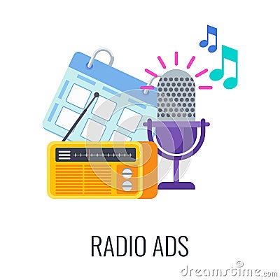 Radio ads icon. Radio microphone, arrow target and music sounds. Vector Illustration