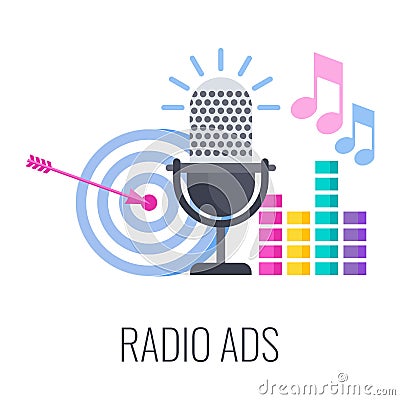 Radio ads icon. Radio microphone, arrow target and music sounds. Vector Illustration