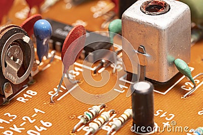 Radio components on a printed circuit board. Stock Photo