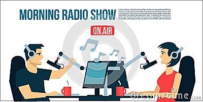 Radio dj`s male & female life playing the music & talk On Air Broadcasts cool flat design illustration. Banner, poster, or flyer c Cartoon Illustration