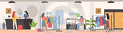 Radio frequency identification. Shopping with RFID technology, women in clothing store pay checkout, check labels by Vector Illustration