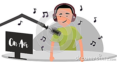 Radio host behind a desk speaks into the microphone on the air Vector Illustration