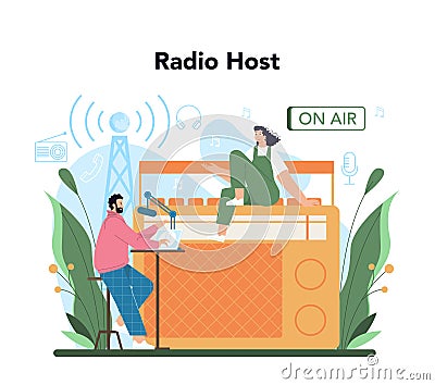 Radio host concept. Idea of news broadcast in the studio. Radio DJ Vector Illustration