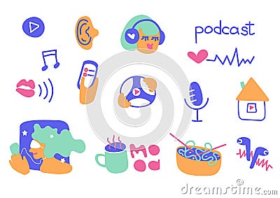 Radio host flat vector illustration. Media hosting doodle drawing. Podcast.Broadcaster icon isolated cartoon character.Listen and Vector Illustration