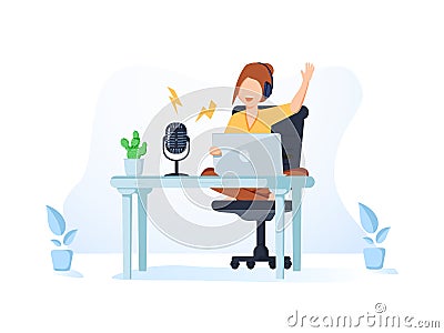 Radio host with table flat vector illustration. Media hosting doodle drawing. Female podcaster in podcast studio. Vector Illustration