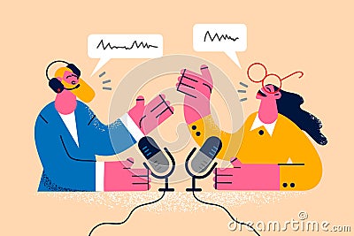 Radio host talk with guest in air Vector Illustration