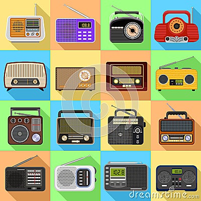 Radio icons set, flat style Vector Illustration